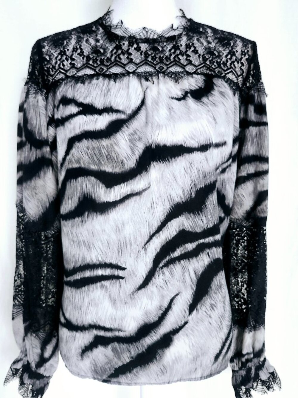 WHBM Lace Yoke Tiger Blouse Top Size S Black Gray